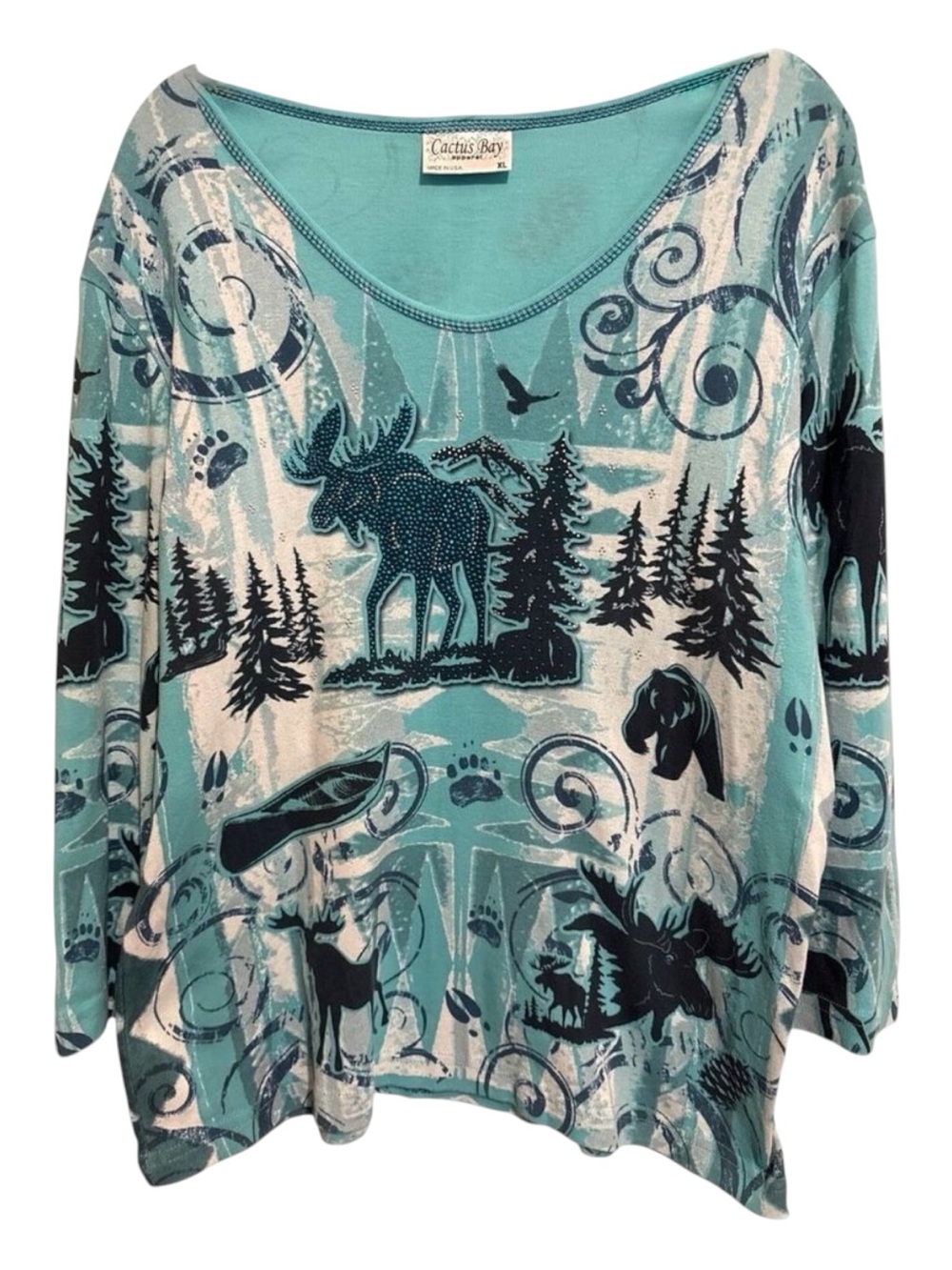 Y2K Cactus Bay 3/4 Sleeve Top Size XL Aqua Black Rhinestones Moose Bears Art
